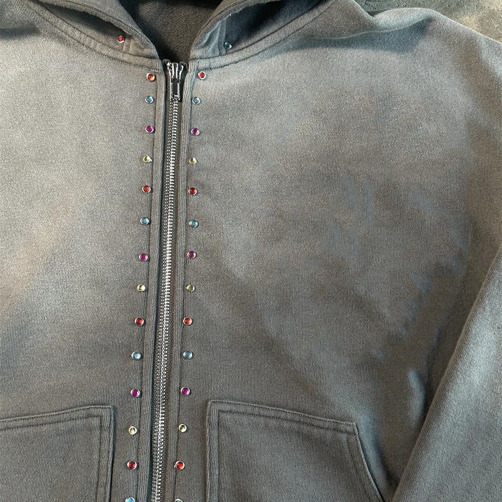custom hoodies embroidered Custom Men Rhinestone Hoodie Double Zip Up Hooded Heavyweight High Quality Sun Faded Wash Sweatshirts