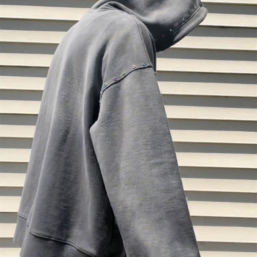 custom hoodies embroidered Custom Men Rhinestone Hoodie Double Zip Up Hooded Heavyweight High Quality Sun Faded Wash Sweatshirts