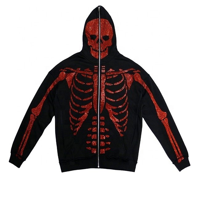 2022 high quality full zip up hoodie custom rhinestone embroidery plus size men's hoodies custom skeleton printed bape hoodie