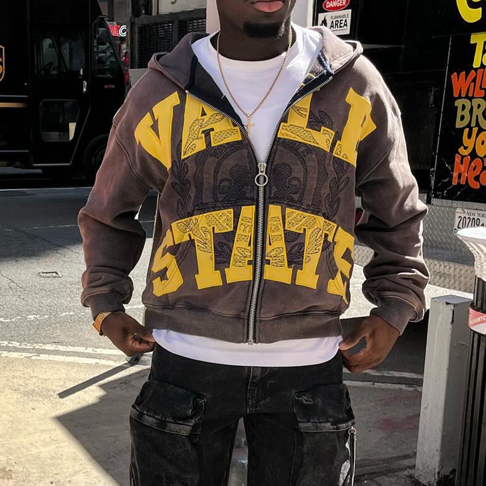 Manufacturer Custom Logo Heavyweight Acid Wash Sun Faded Distressed Vintage Applique Embroidery Patch Oversized Zip Up Hoodies