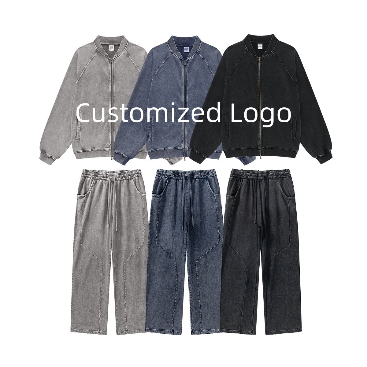 Autumn vintage American design zipper cardigan jacket men's hoodie two-piece set