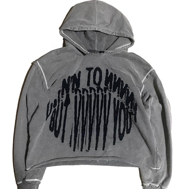 Dongguan Custom logo oversized 400 gsm acid vintage washed distressed embroidered applique patch embroidery cropped hoodie men