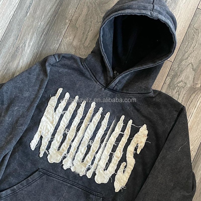 Dongguan Custom logo oversized 400 gsm acid vintage washed distressed embroidered applique patch embroidery cropped hoodie men