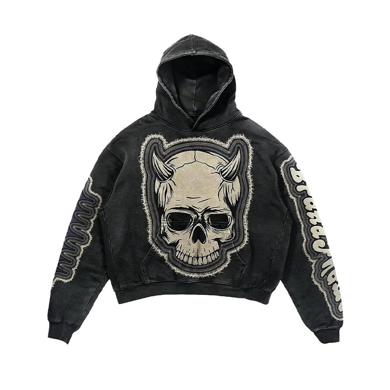 Wholesale High Quality 400G Hoodies Custom Logo Wicd Wash Hoodie 100%Cotton Oversized Distressed Embroidery Patch Men's Hoodies