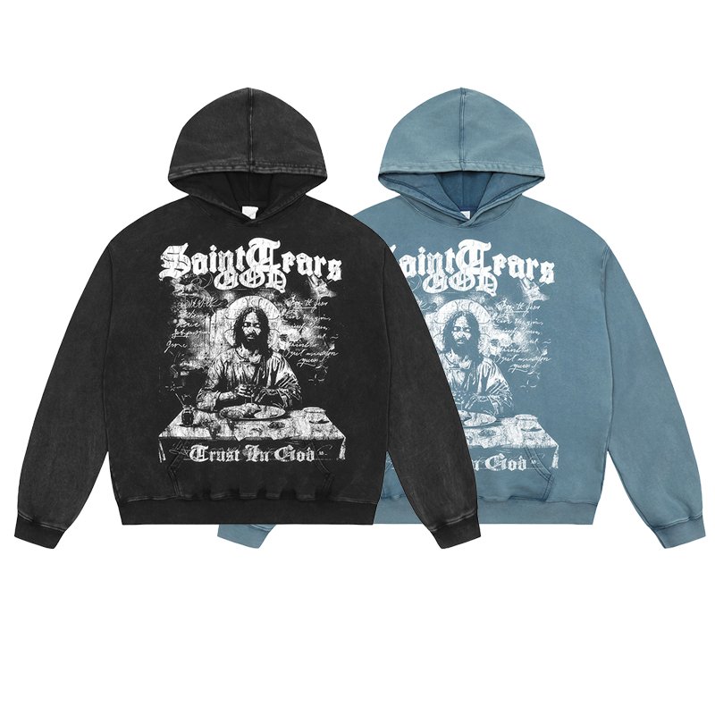 Manufacturer High Quality Heavyweight Streetwear Cotton Oversized Vintage Wash Print Saint Tears Terry Men's Hoodies&Sweatshirts