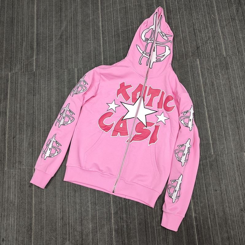 Streetwear Unisex Full Zip Up Cotton Oversized Puff Print Hoodie
