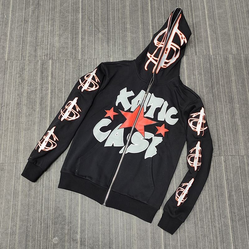 Streetwear Unisex Full Zip Up Cotton Oversized Puff Print Hoodie