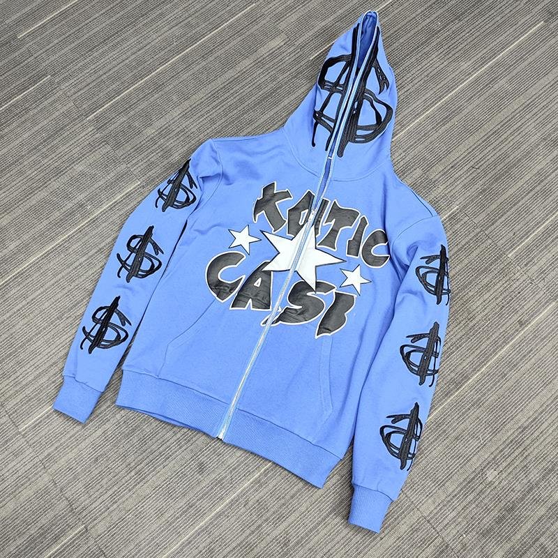Streetwear Unisex Full Zip Up Cotton Oversized Puff Print Hoodie