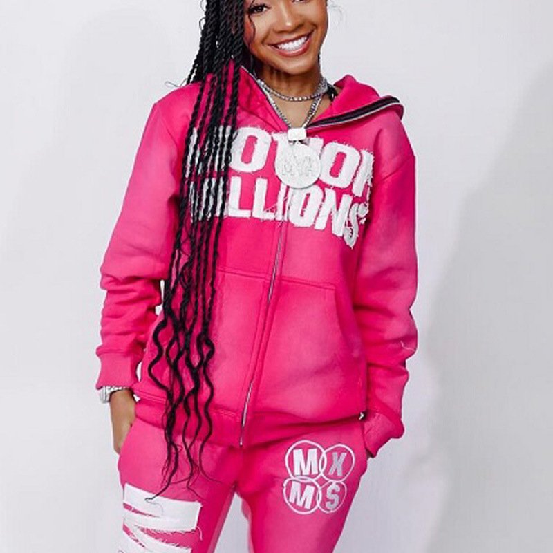 Luxury Embroidered Pacthes Letter Streetwear Hip Pop Full Zipper Up Hoodies & Joggers For Men Fitted Tracksuit