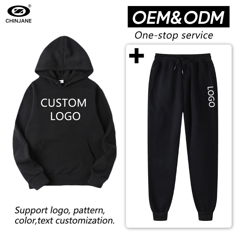Solid Color Winter Cotton Hoodies Pullover Men's 2 Piece Sets Jogging Sweatshirts Tracksuit Sets With Custom Logo