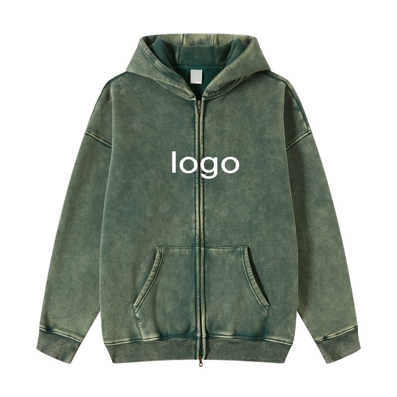 vintage distressed double zipper hoodies 100% cotton french terry hoddies acid washed embroidery hoodies with zipper