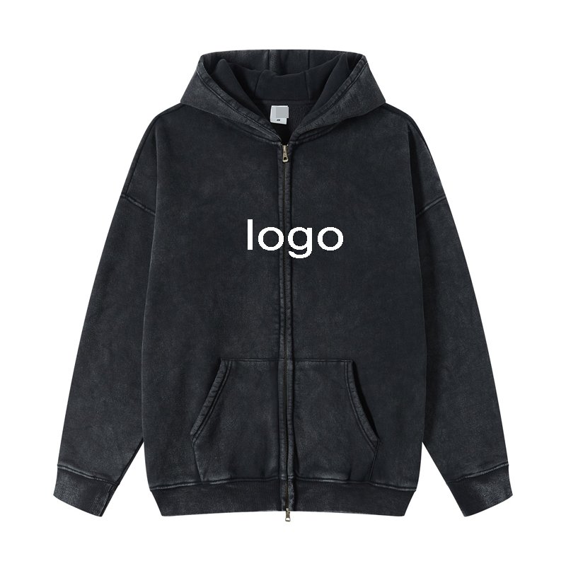 vintage distressed double zipper hoodies 100% cotton french terry hoddies acid washed embroidery hoodies with zipper
