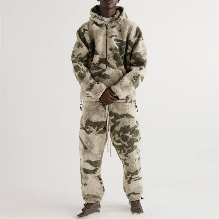 OEM Custom pullover full print half zip fleece sherpa camouflage men's hoodies sweatshirts
