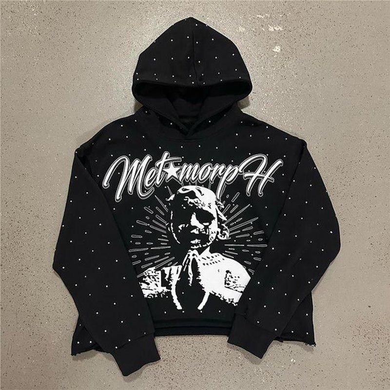 Rhinestone Hoodie For Men Screen Print Hoodies Oversize Men Printing Heavyweight French Terry Pullover Casual Sweatshirts