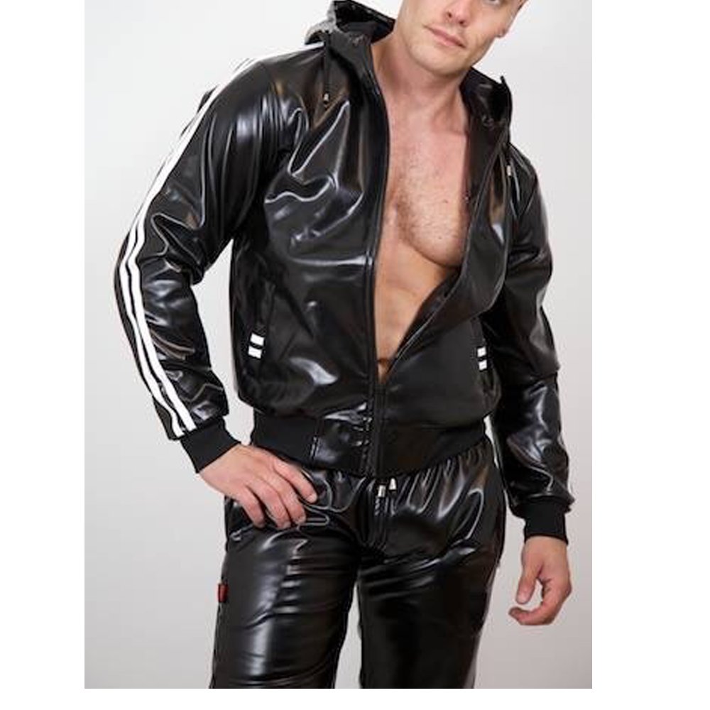 Custom Men's PVC/PU Leather Hoodies with Pant Jogging/Fitness/Workout/Training Stripes Tracksuit