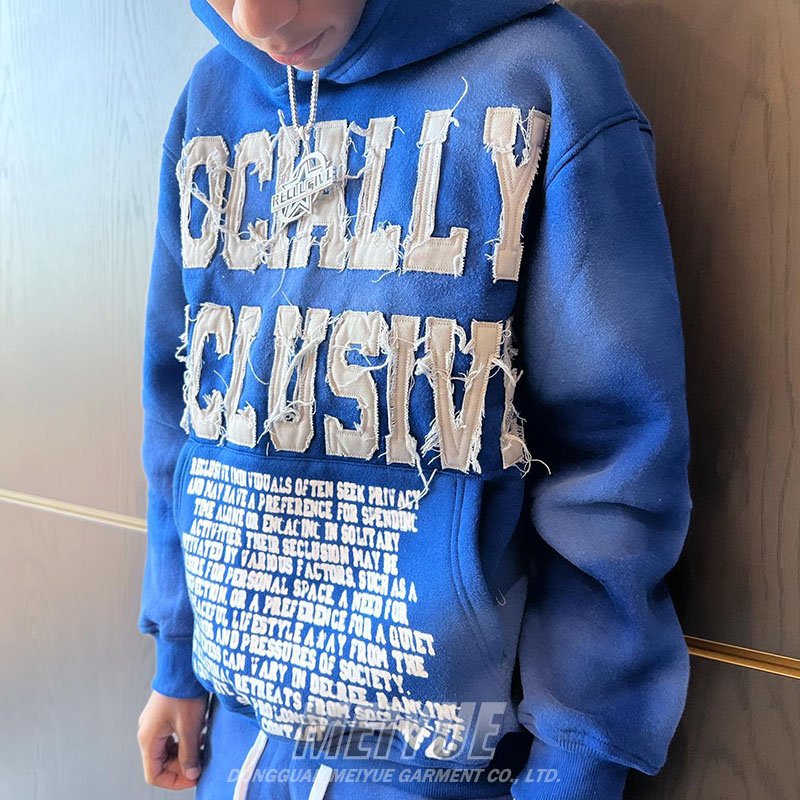 Custom Applique Distressed Embroidered Patches Hoodie Heavyweight Oversized Pullover Cotton Acid Wash Hoodie Tracksuits For Men