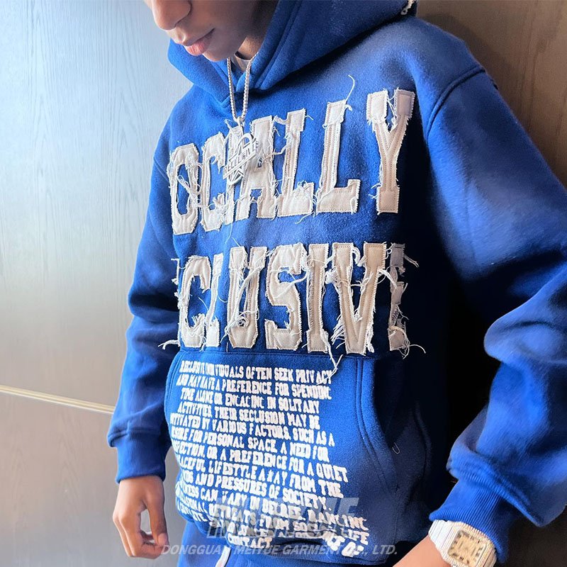 Custom Applique Distressed Embroidered Patches Hoodie Heavyweight Oversized Pullover Cotton Acid Wash Hoodie Tracksuits For Men