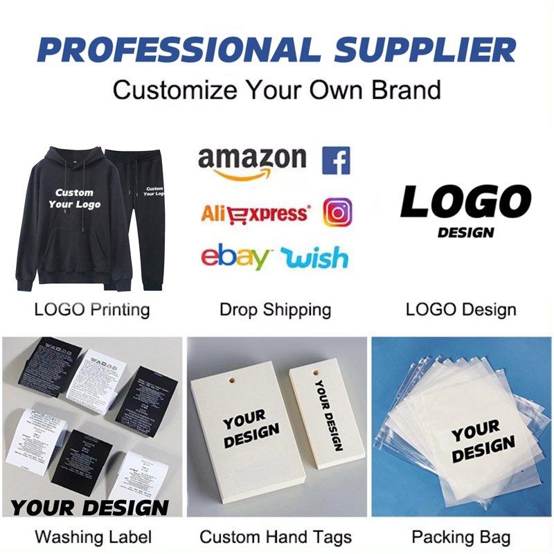 Wholesale Custom Logo Men's Hoodies Set 3D Puff Oem Embroidery Blank Plain Pullover Tracksuit Sweatshirts