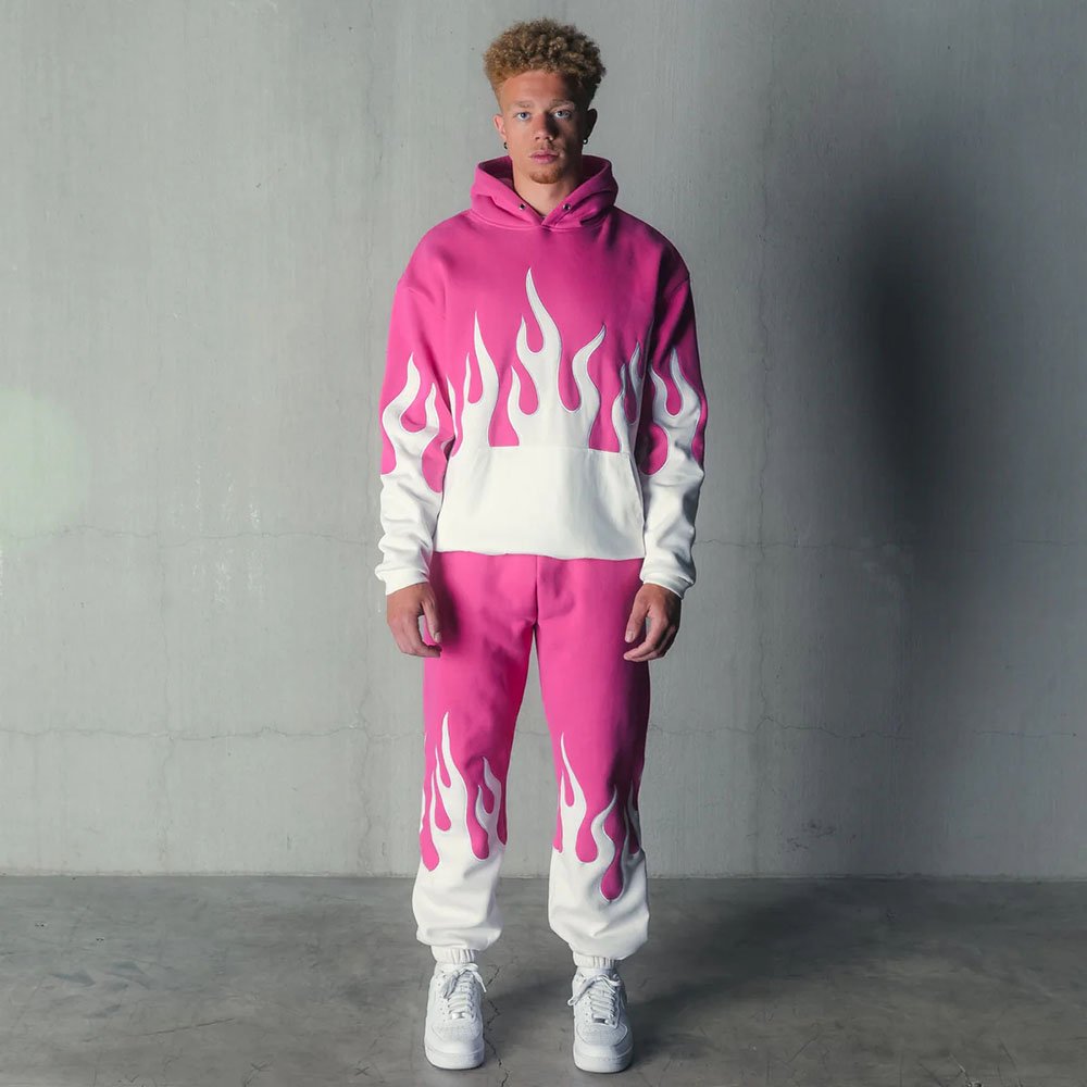 New Design Long Sleeve Flame Pattern Embroidery Hoodie Heavy Weight Men's Hoodies Sweatshirt Black White Fleece Pullover Hoodie