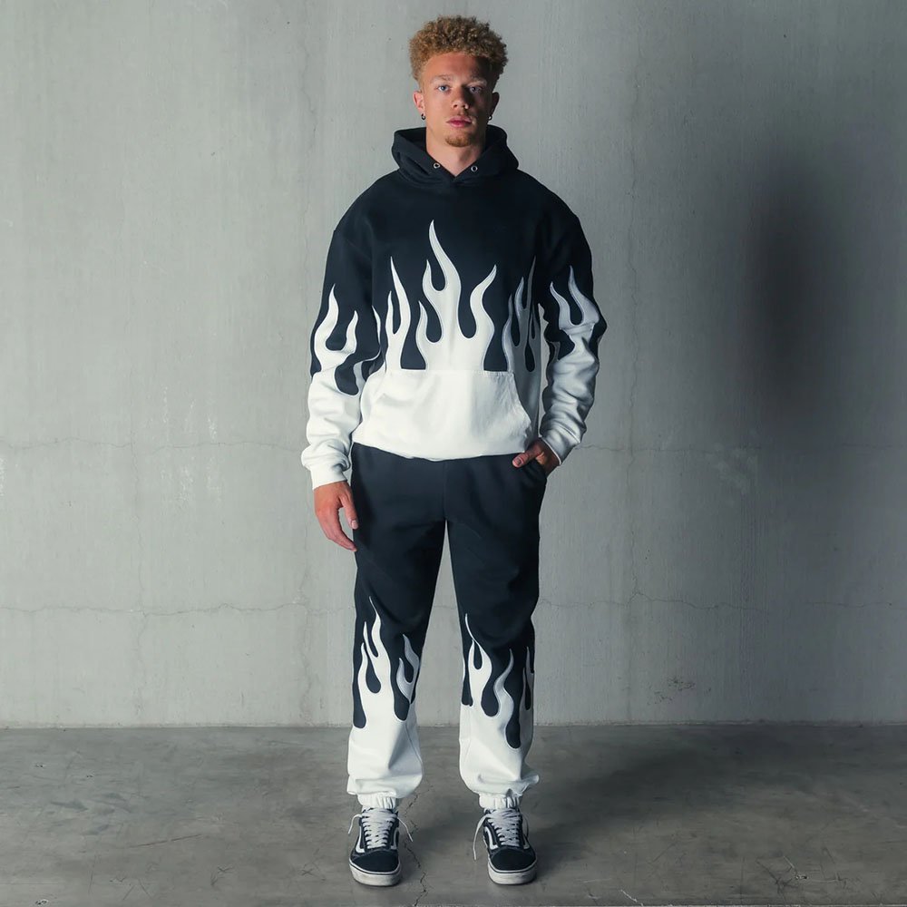 New Design Long Sleeve Flame Pattern Embroidery Hoodie Heavy Weight Men's Hoodies Sweatshirt Black White Fleece Pullover Hoodie