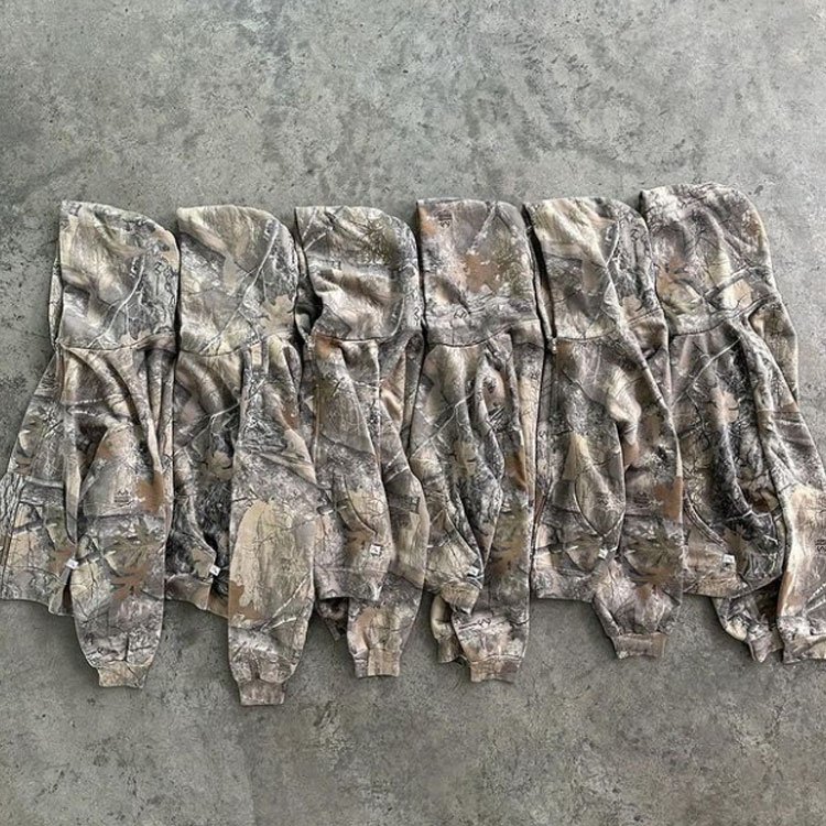 Custom cut edge vintage oversized distressed real tree camo boxy printing heavyweight oversized men's cropped camouflage hoodie