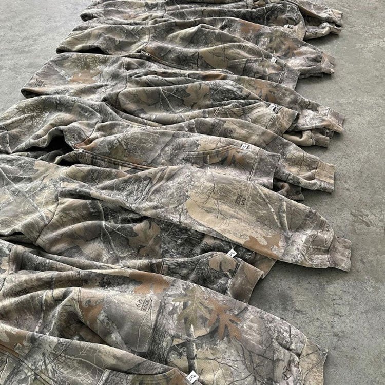 Custom cut edge vintage oversized distressed real tree camo boxy printing heavyweight oversized men's cropped camouflage hoodie