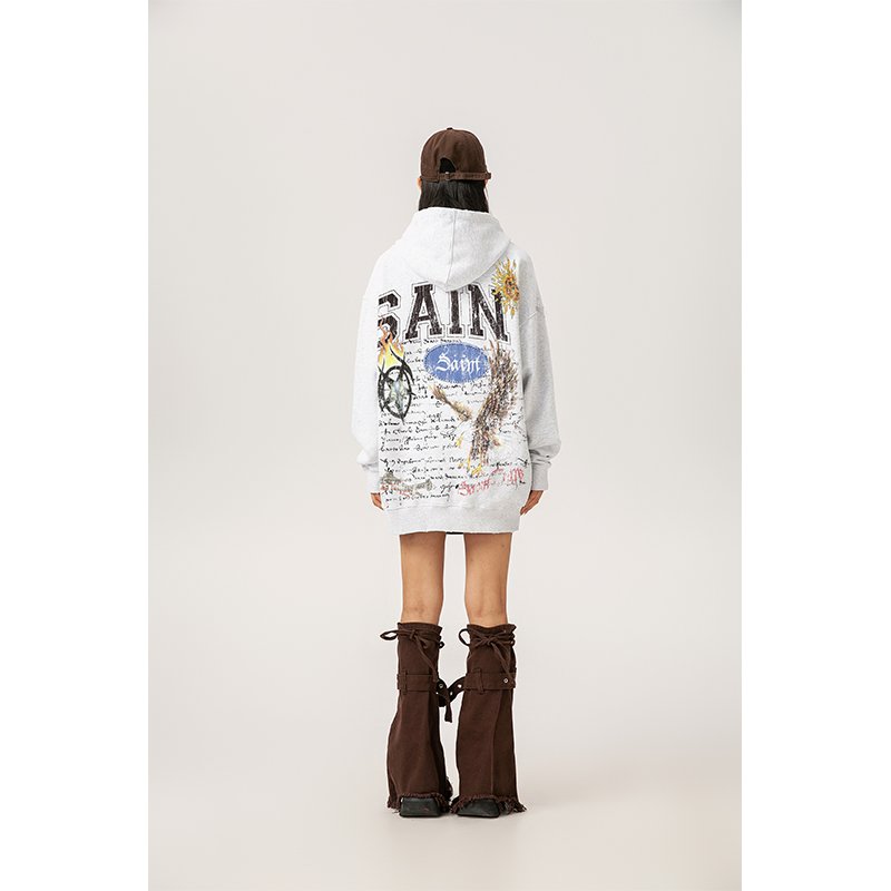 Wholesale High Quality Heavyweight 400G 100% Cotton Oversized Vintage Sand Wash Distress Saint Tears Men's Hoodies&Sweatshirts