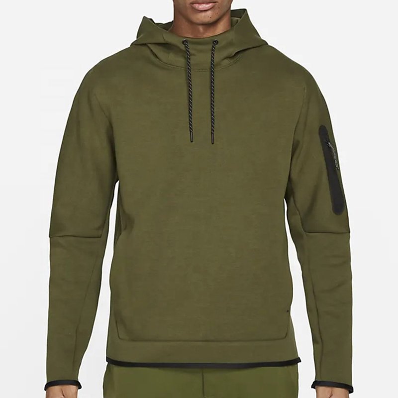 Wholesale OEM Men Heavyweight Sweatshirt Tech Fleece Pullover Hoodie Street Wear Blank Hoodies Windproof Pocket On Sleeves