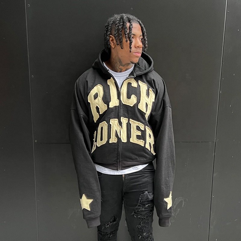 Aikesi Custom LOGO Distressed Patch Embroidery Faded French Terry Distressed Embroidered Zip Up Acid Wash Hoodie for unisex