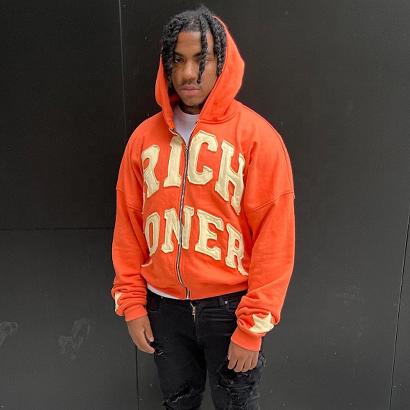 Aikesi Custom LOGO Distressed Patch Embroidery Faded French Terry Distressed Embroidered Zip Up Acid Wash Hoodie for unisex