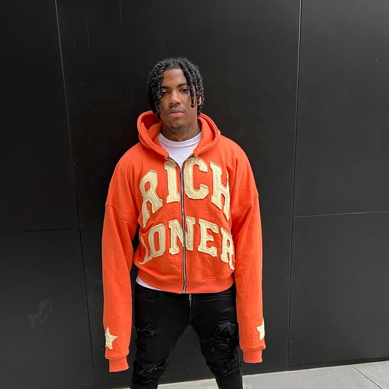 Aikesi Custom LOGO Distressed Patch Embroidery Faded French Terry Distressed Embroidered Zip Up Acid Wash Hoodie for unisex
