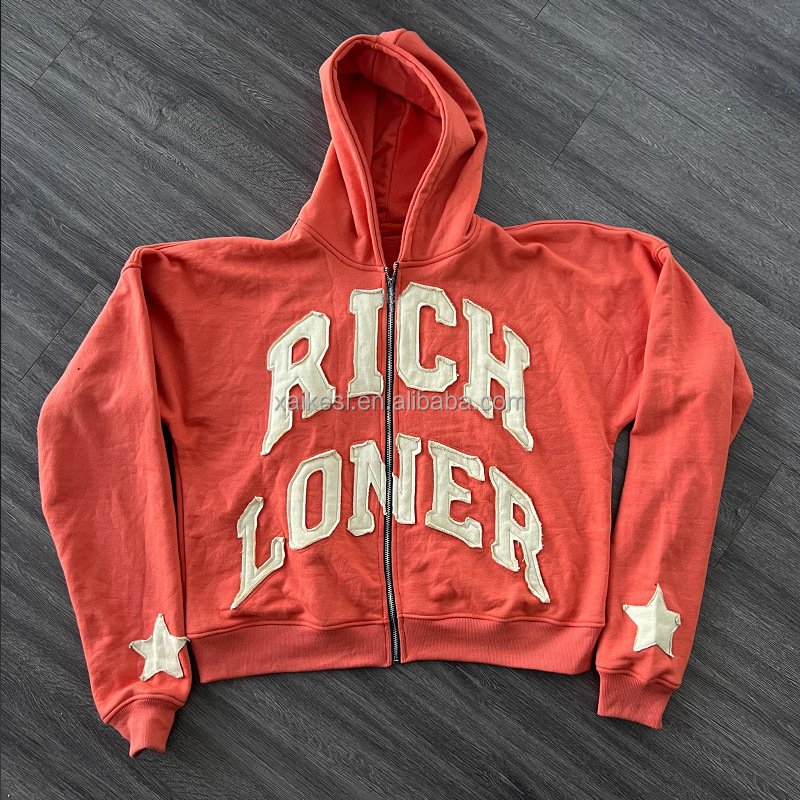 Aikesi Custom LOGO Distressed Patch Embroidery Faded French Terry Distressed Embroidered Zip Up Acid Wash Hoodie for unisex