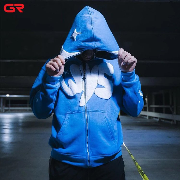High Quality 100% Cotton French Terry Custom Streetwear Hoodie Manufacturer Full Zip Up Men Puff Print Hoodies