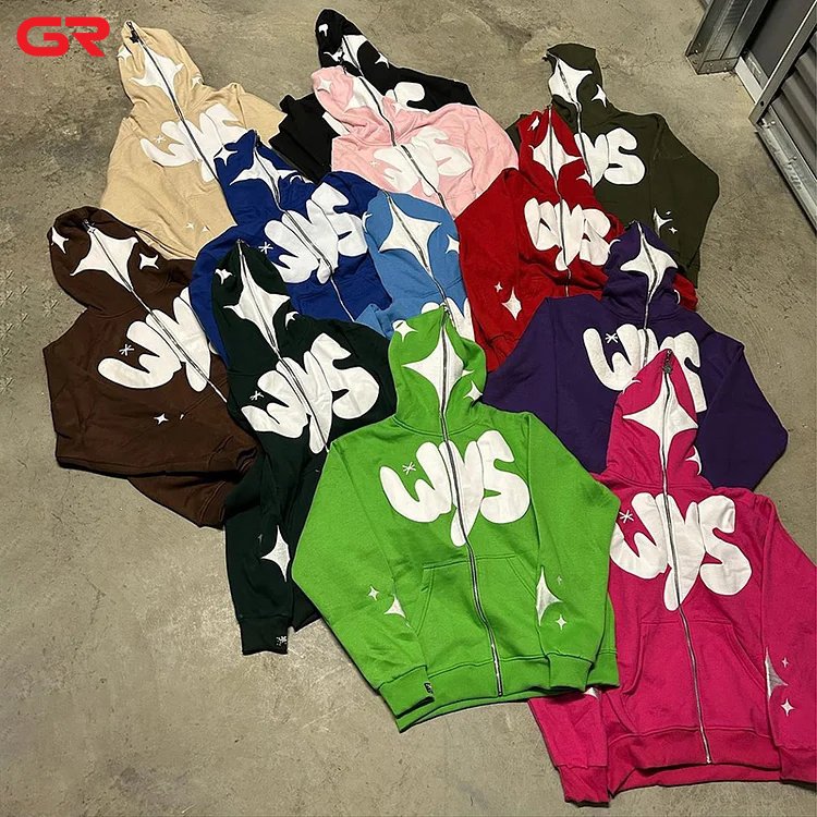 High Quality 100% Cotton French Terry Custom Streetwear Hoodie Manufacturer Full Zip Up Men Puff Print Hoodies