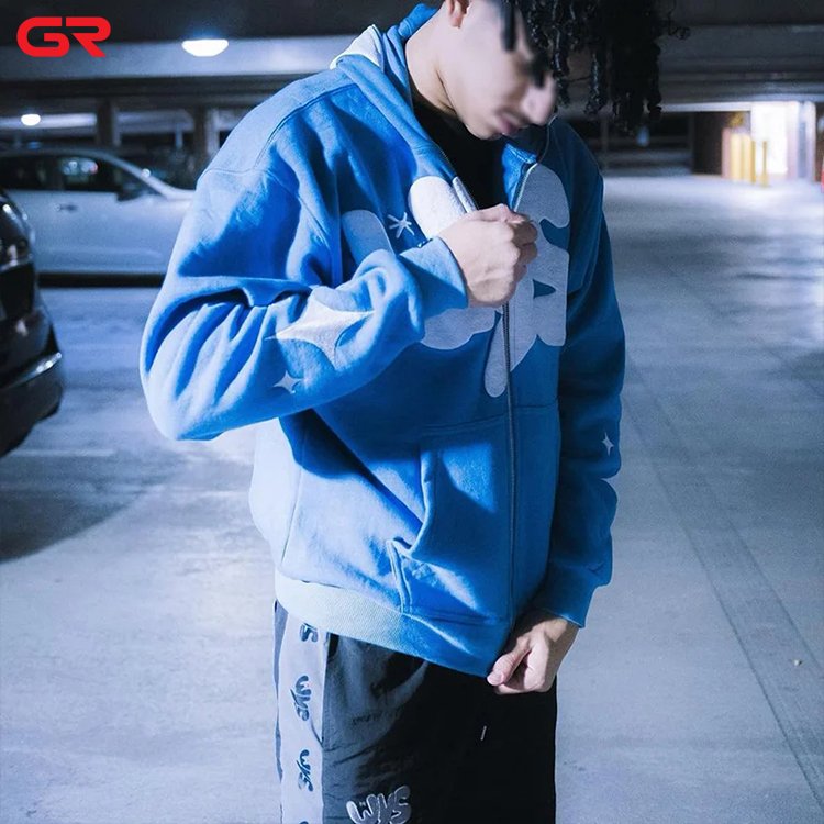 High Quality 100% Cotton French Terry Custom Streetwear Hoodie Manufacturer Full Zip Up Men Puff Print Hoodies