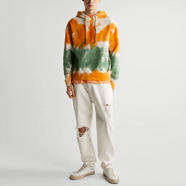 Dec fall men clothing tie dye sweatshirt acid wash unisex crop top custom orange green two colour loose fitting tye dye hoodies