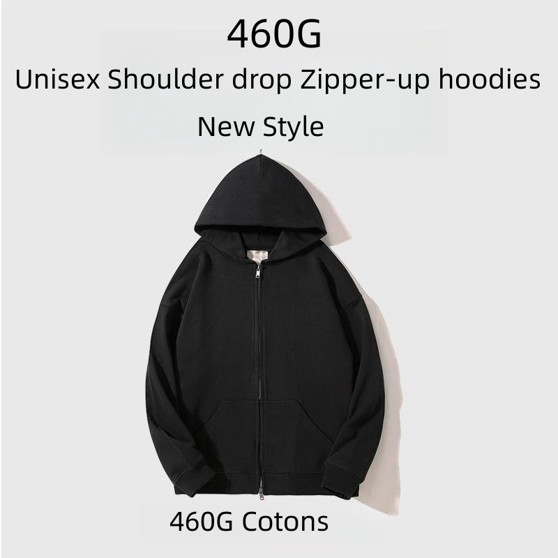 Customized 460G Heavyweight Hooded Cardigan Sweater Men's Autumn Solid Color Customized Unisex American Zipper Sweater Coat