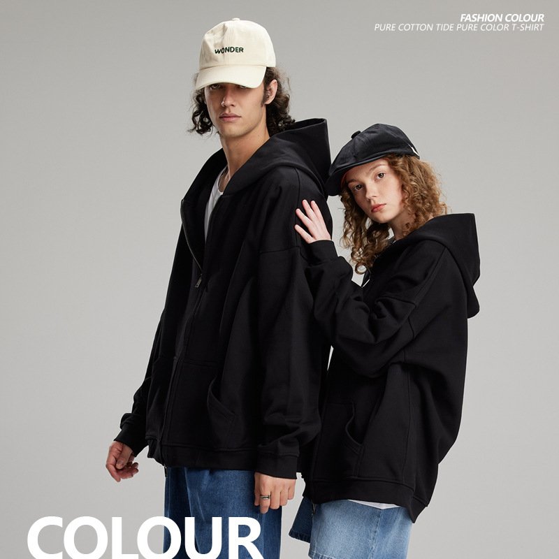 Customized 460G Heavyweight Hooded Cardigan Sweater Men's Autumn Solid Color Customized Unisex American Zipper Sweater Coat