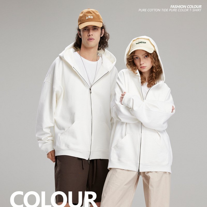 Customized 460G Heavyweight Hooded Cardigan Sweater Men's Autumn Solid Color Customized Unisex American Zipper Sweater Coat