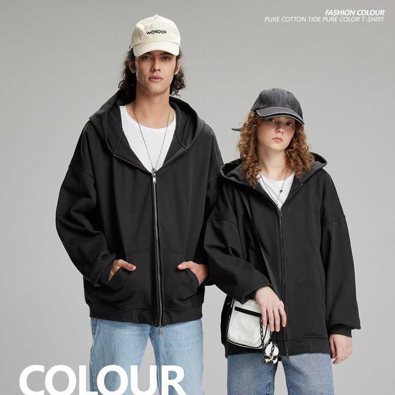 Customized 460G Heavyweight Hooded Cardigan Sweater Men's Autumn Solid Color Customized Unisex American Zipper Sweater Coat