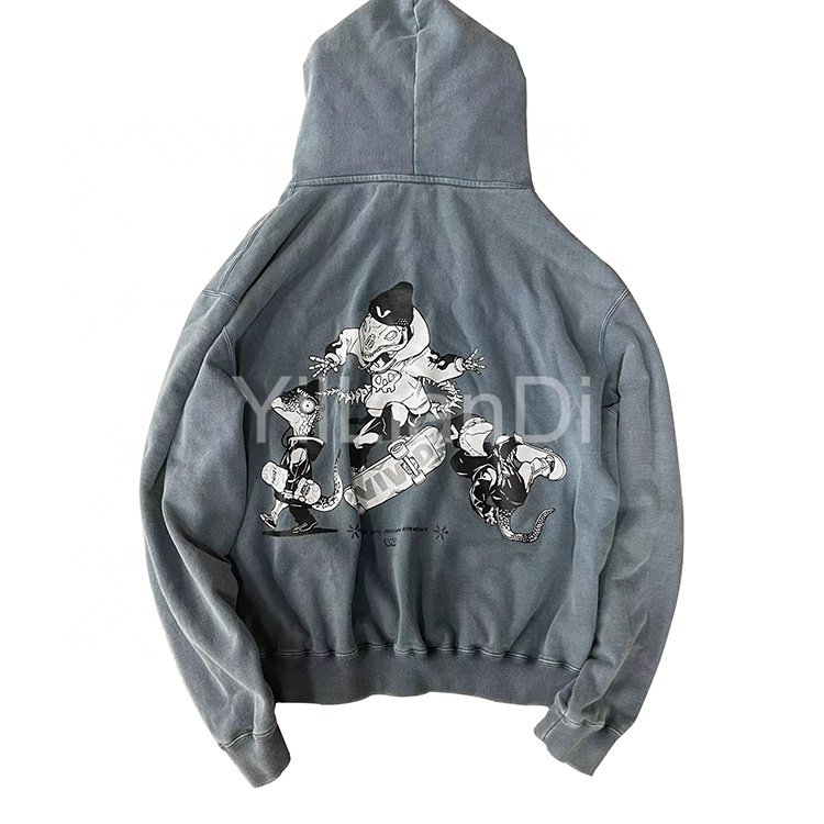 Custom Printing Oversized Men's Hoodies 100% Cotton Fleece Heavy Weight Acid Washed Vintage Hoodie No Drawstring