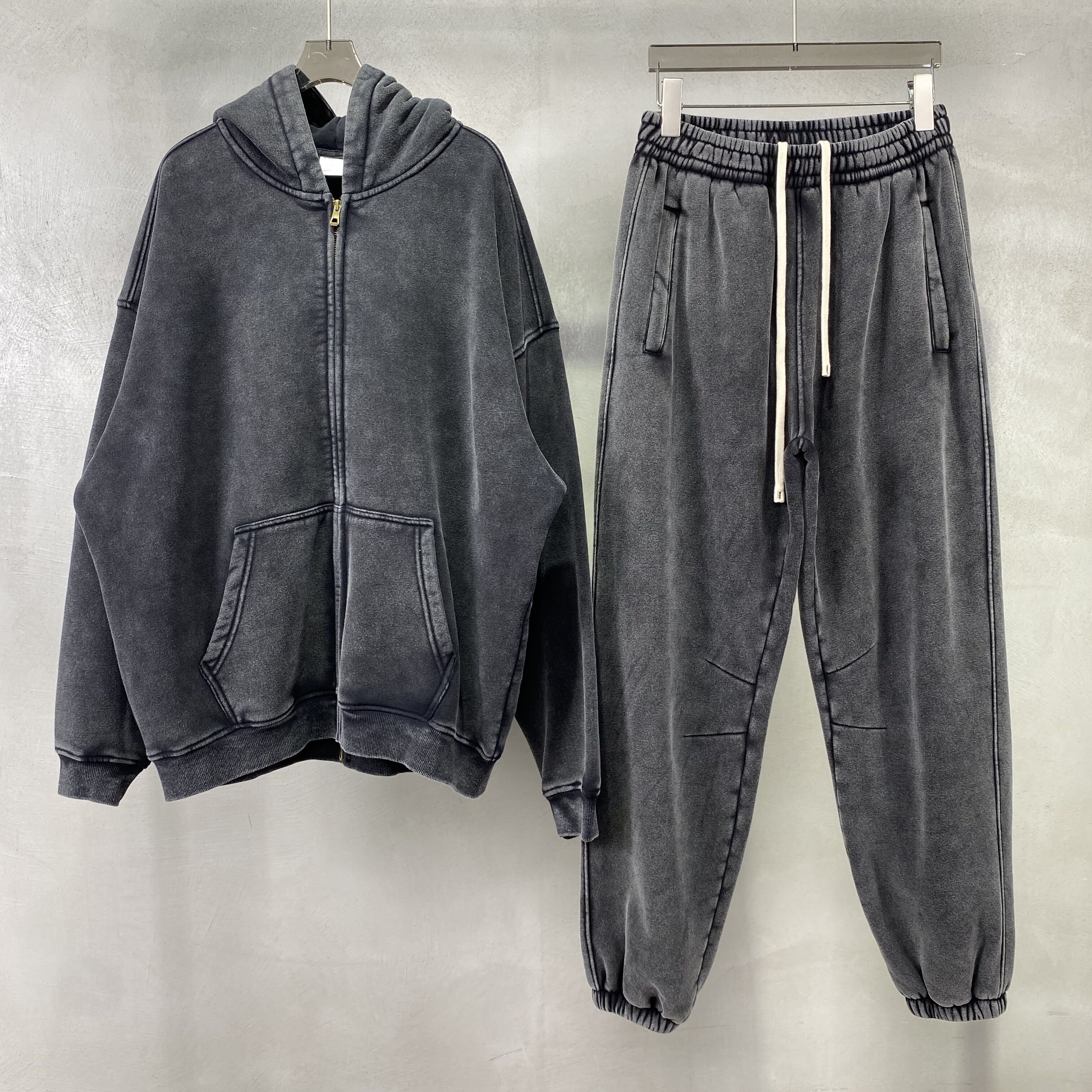 Autumn and winter washed wax printed vintage men's hoodie and pants, trendy brand zip Up hoodie set