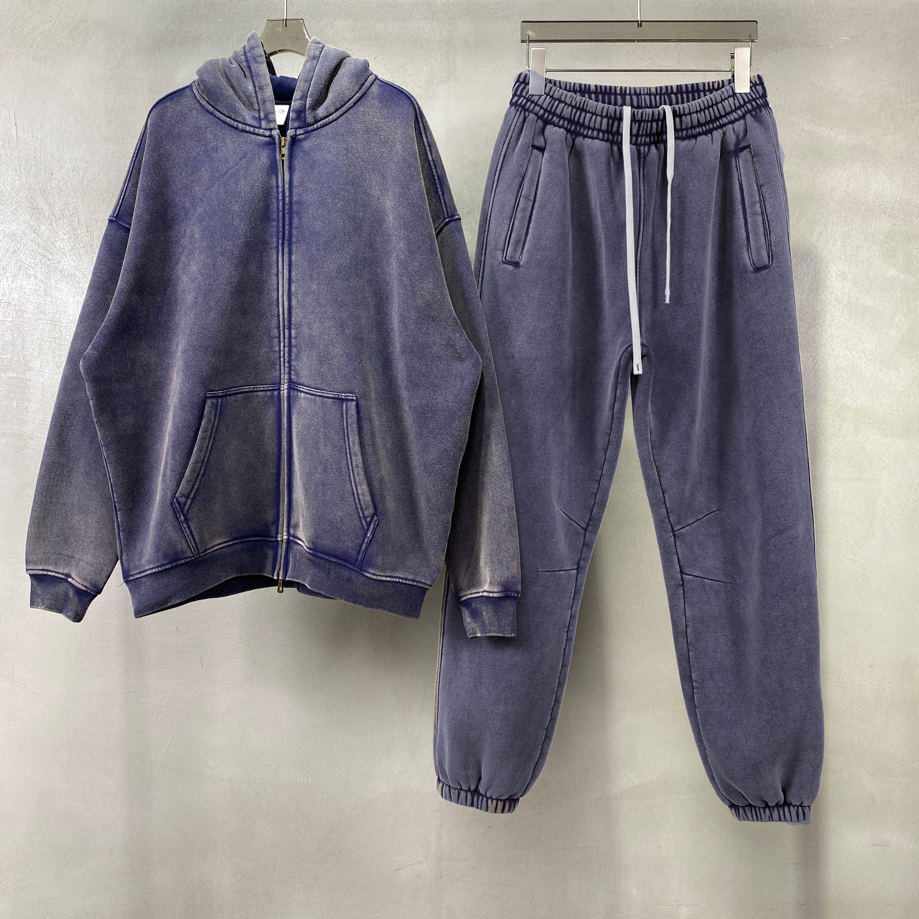 Autumn and winter washed wax printed vintage men's hoodie and pants, trendy brand zip Up hoodie set