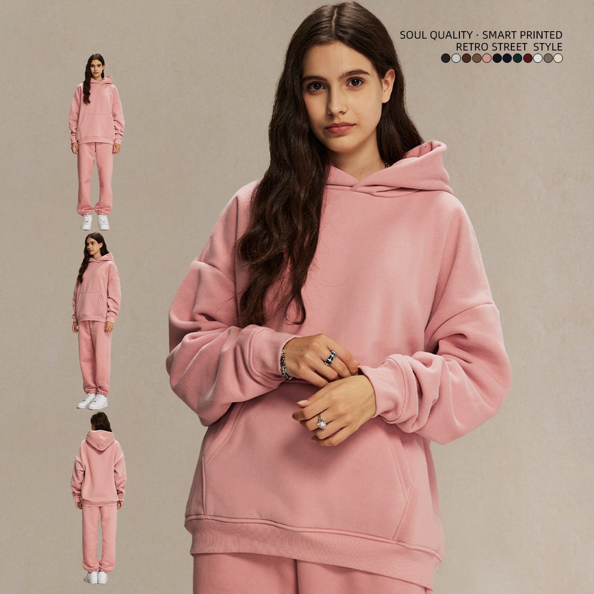 HIC Men's Winter Loose Solid Color 400g Heavy Hoodie Custom Men's Polar Fleece Cordless Oversized Hoodie