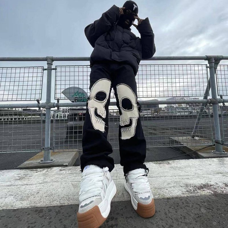 Streetwear Custom Cotton Tracksuits Sweatsuit Hoodie Skull Patchwork Fleece Sweatsuit Stacked Flared Men's Two Piece Jogger Set