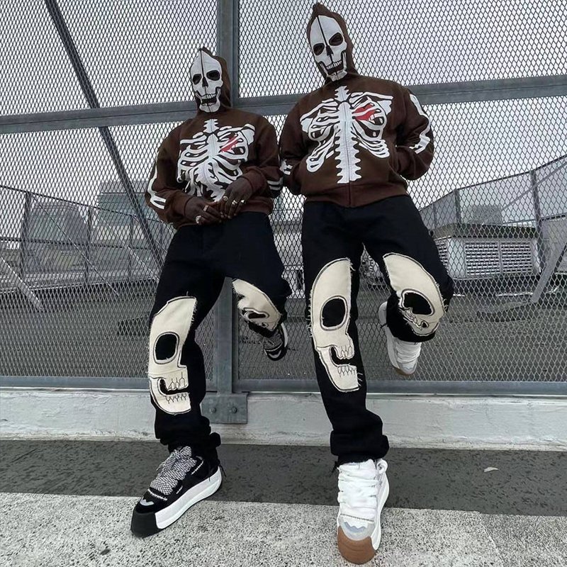 Streetwear Custom Cotton Tracksuits Sweatsuit Hoodie Skull Patchwork Fleece Sweatsuit Stacked Flared Men's Two Piece Jogger Set