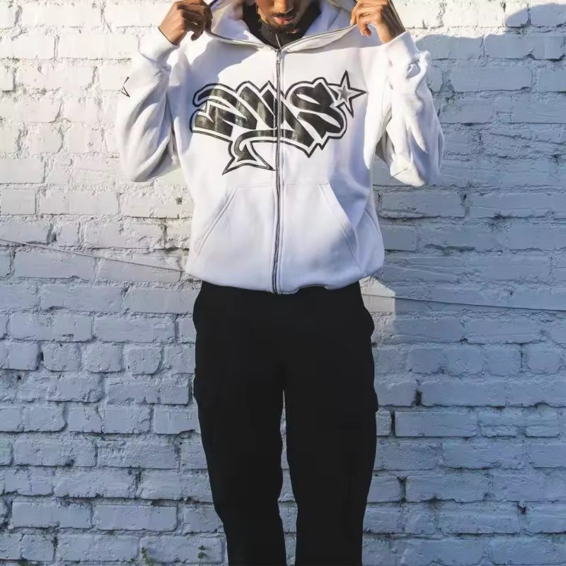 Wholesale Custom Logo Plain Graphic Hoodie Blank Men Sweater Zipper Jacket Puff Printing Full Zip Up Men's Hoodies