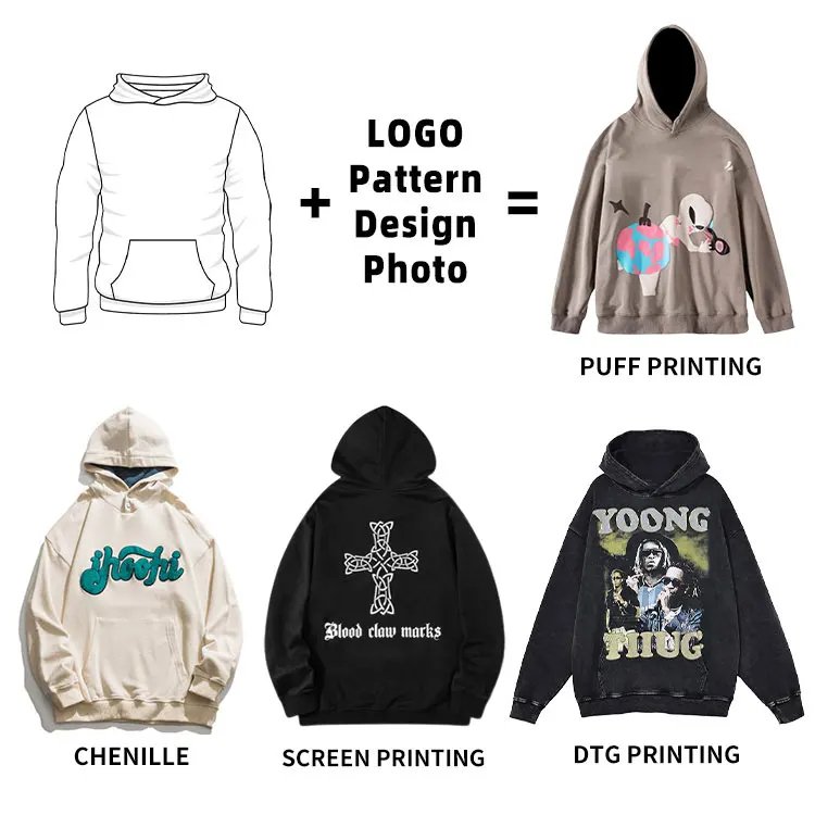 Streetwear Premium Heavy Weight Custom Hoodies Puff Print 100% Cotton Blank Plain No String Pullover Oversized Men'S Hoodie