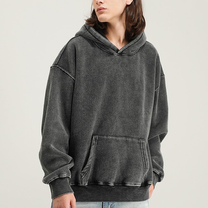 Streetwear Vintage Drop Shoulder Men's Hoodies Oversized Heavy Weight Pullover Hoodie Plain Gray Color Acid Washed Men's Hoodies