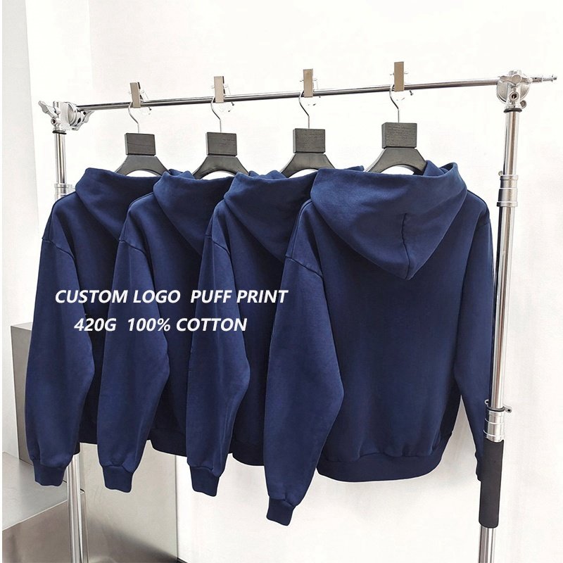 Wholesale Top Quality Heavyweight Cotton 420G Custom Logo Hiphop Oversized Fleece Puff Printing Unisex Men's Hoodies&Sweatshirts